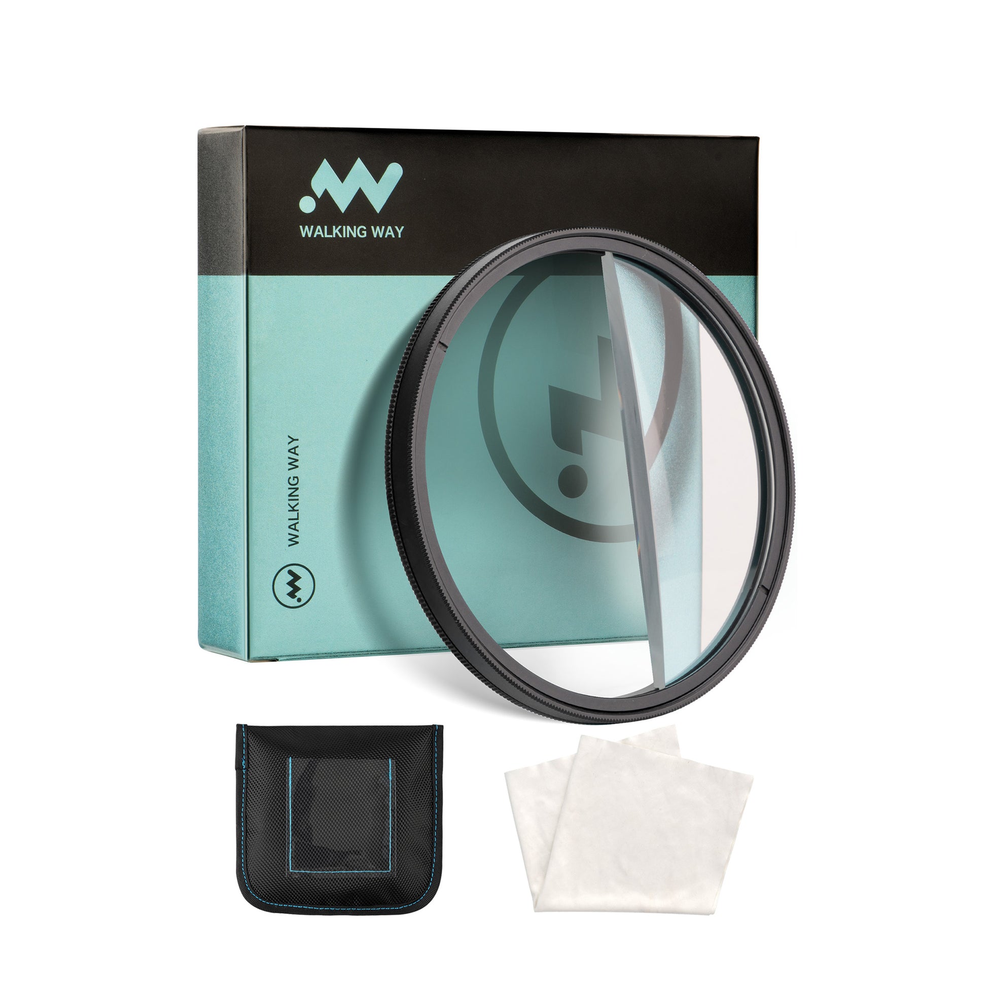 A Walking Way brand camera lens filter kit on a white background, including a round black lens filter, its teal and black retail box, a small black carrying pouch, and two white cleaning cloths.