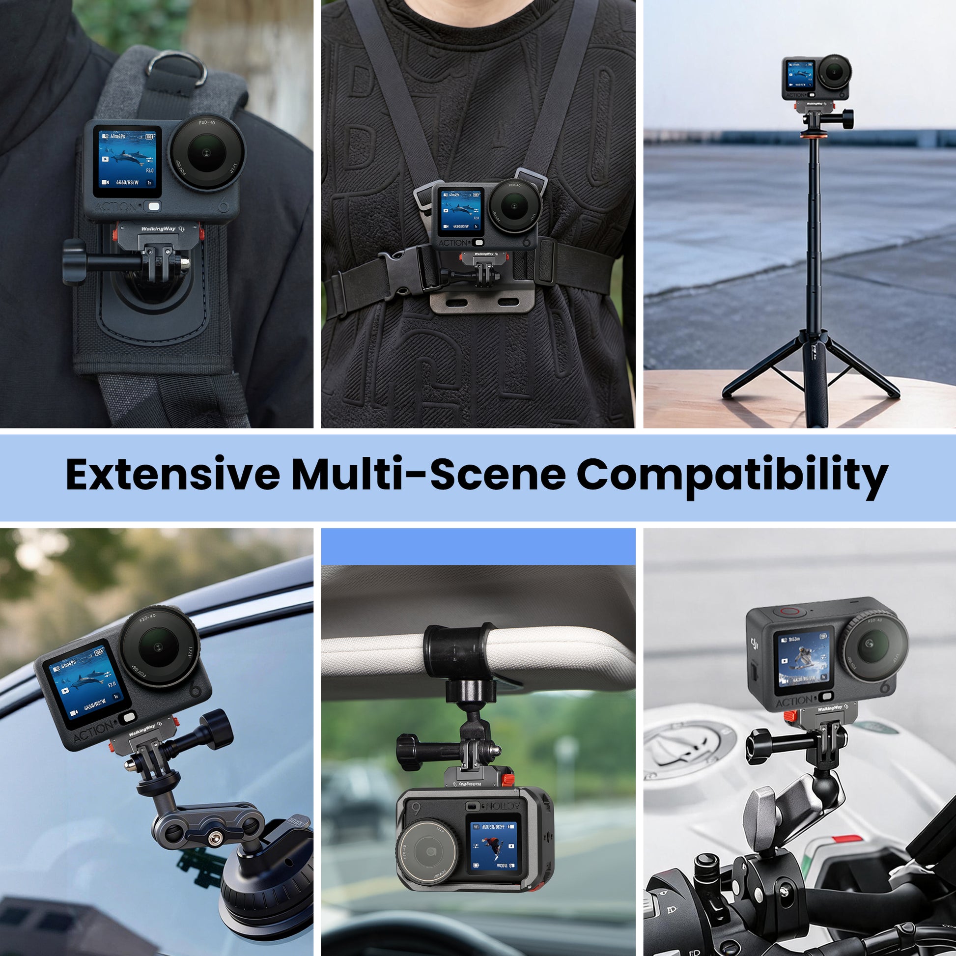 Collage of action camera with WalkingWay various mounting options on different devices.