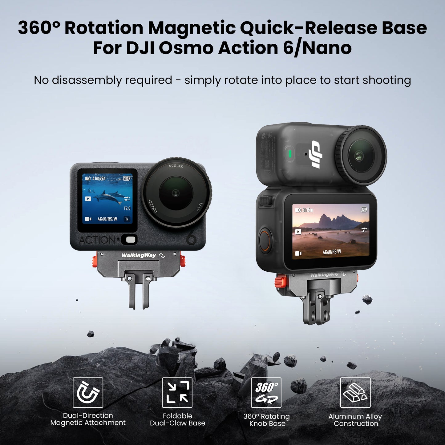 360° Rotation Magnetic Quick-Release Base for DJI Osmo Action 6/Nano on a gray background