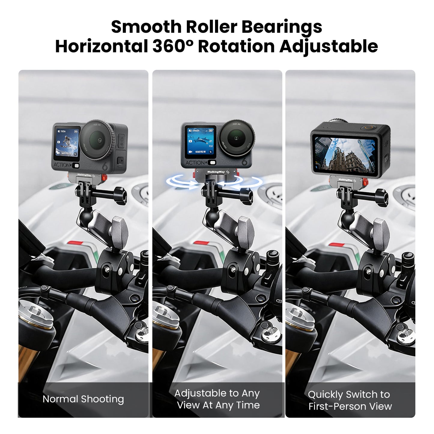 Action camera with WalkingWay adjustable mount on a motorcycle handlebar, showing different shooting angles.