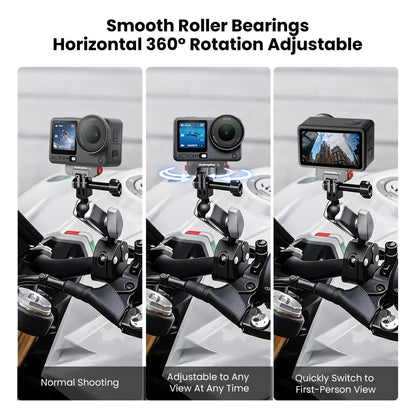 Action camera with WalkingWay adjustable mount on a motorcycle handlebar, showing different shooting angles.