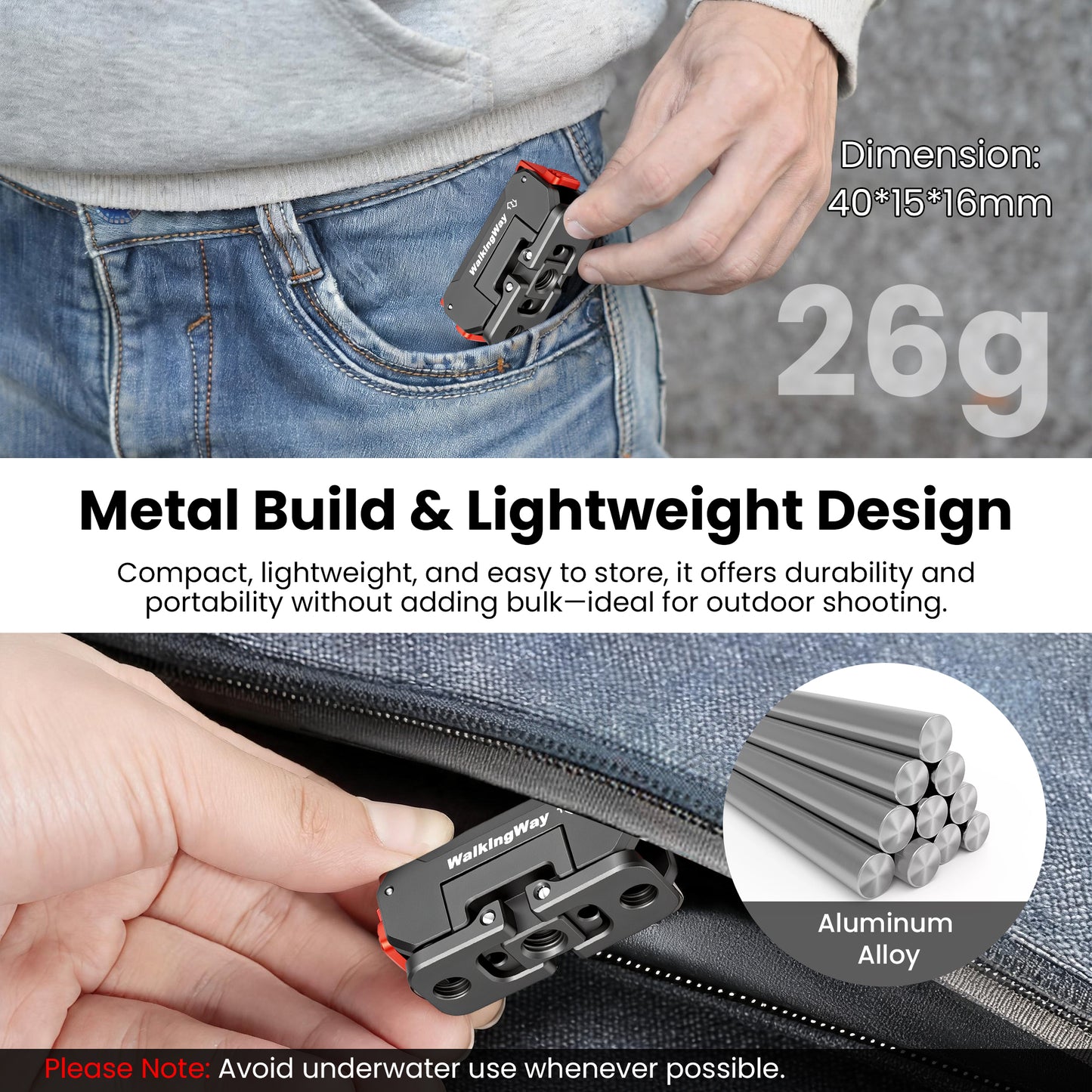 Compact metal device being held in a pocket with text about its metal build, lightweight design, and dimensions.