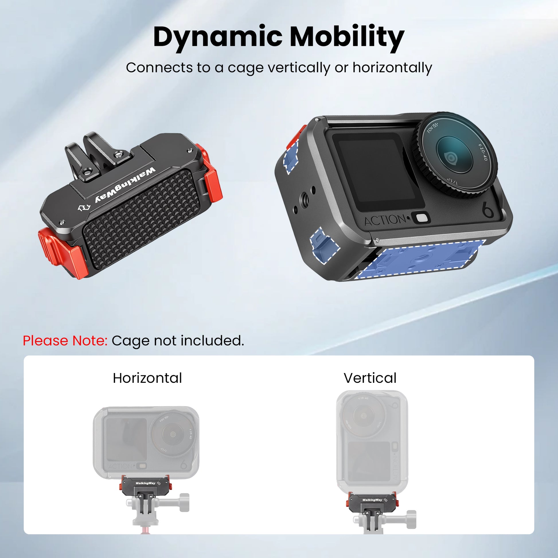 Action camera with Dynamic Mobility attachment on a light blue background
