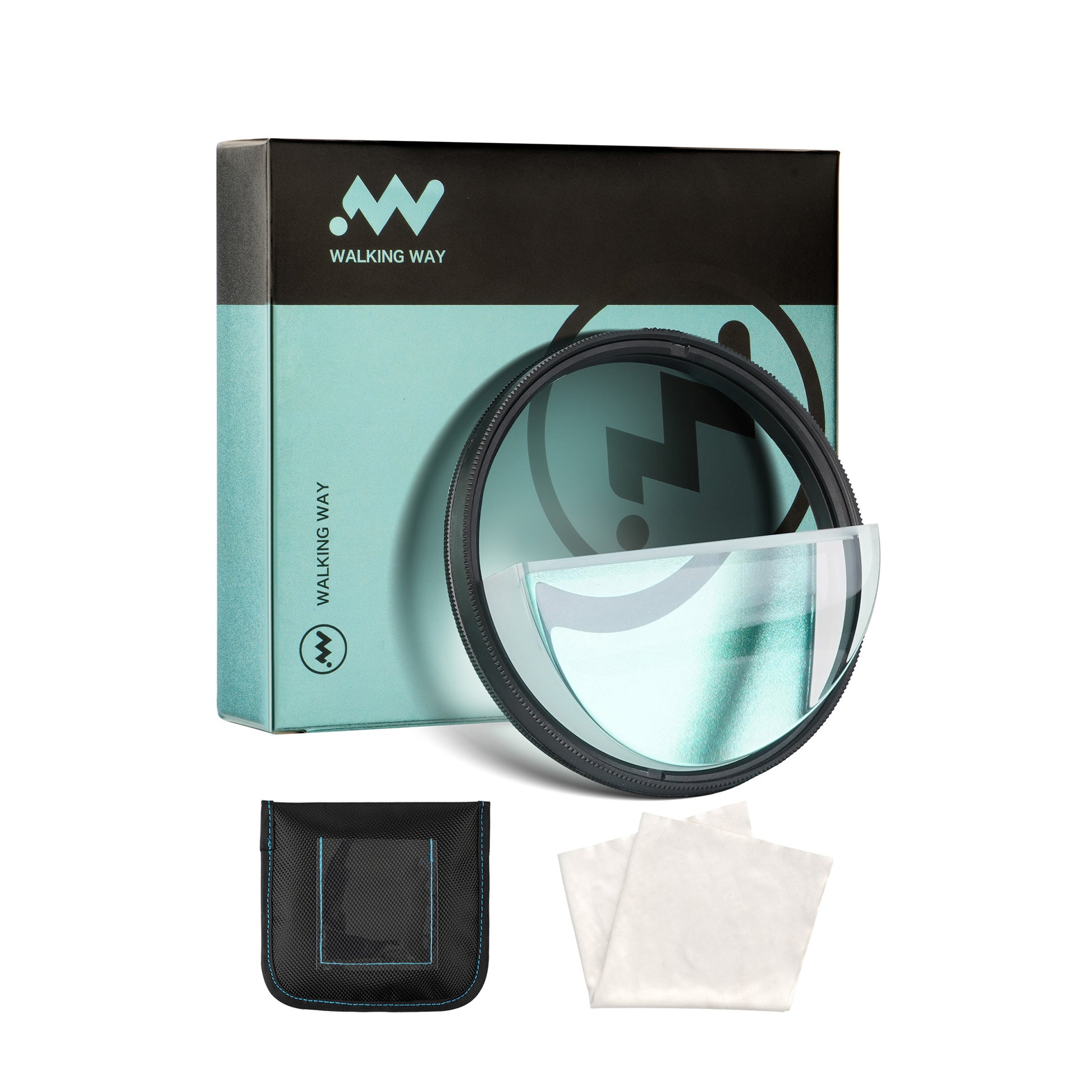Walking Way brand camera lens filter kit on a white background, including a black and mint green box, a clear-tinted lens filter, a black pouch, and two white cleaning cloths.