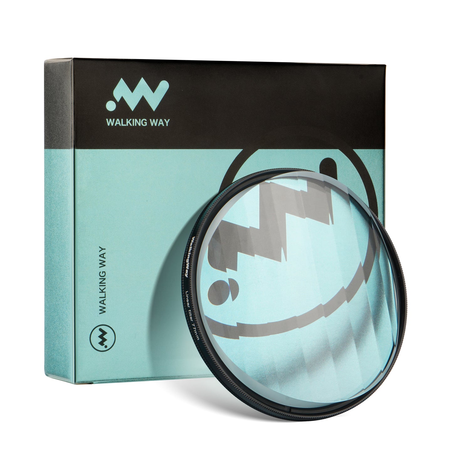 Camera lens filter with 'Walking Way' branding on a light blue box